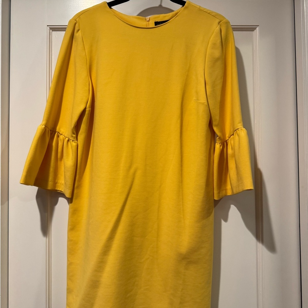 Zara Yellow Ruffled Sheath Dress with Bell Sleeves